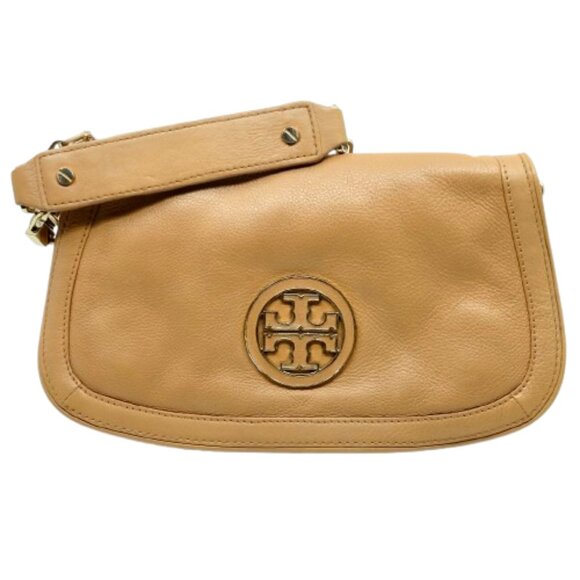TORY BURCH~Amanda~FLAP GOLD CHAIN CROSSBODY CLUTCH BAG TAN PEBBLED LEATHER - Picture 1 of 7